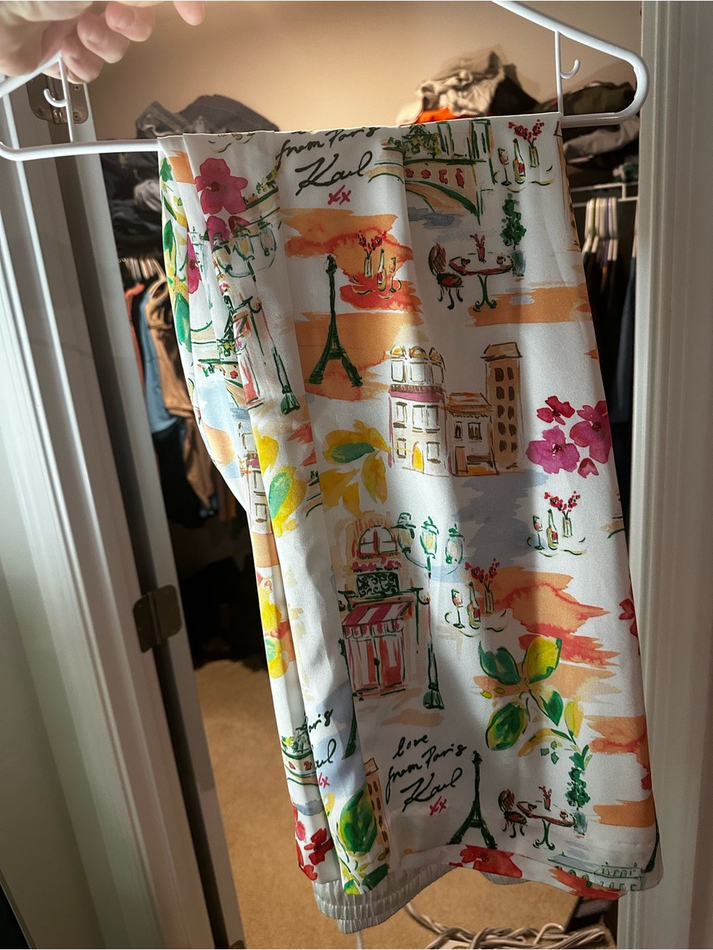 Karl Lagerfeld White Paris Print Trousers with Multicolor Watercolor Motif